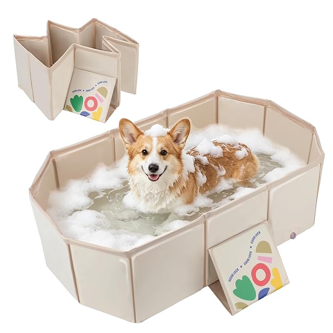YUEPET Foldable Dog Bathtub,Portable Pet Bath ub with Drain Plug,Collapsible Wash Shower Basin with Non-Slip Base, Insulated Shower Pool for Small to Medium Dogs & Cats, Space-Saving for Travel（White）