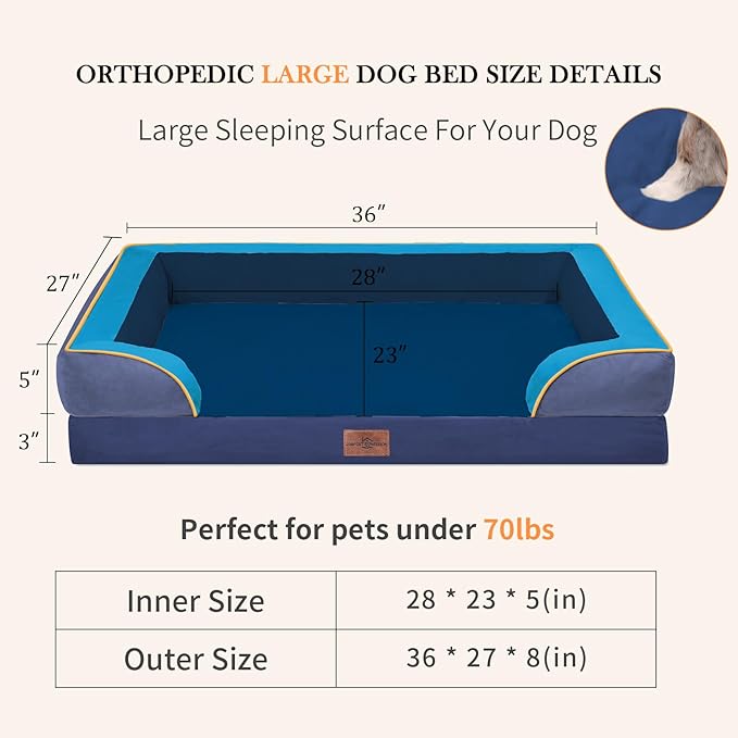 Comfort Expression Orthopedic Dog Bed for Large Dogs 36x27 Inch, Waterproof Egg Crate Foam Large Pet Bed with Bolsters, Dog Couch with Washable Cover & Non-Slip Bottom, Hidden Bay