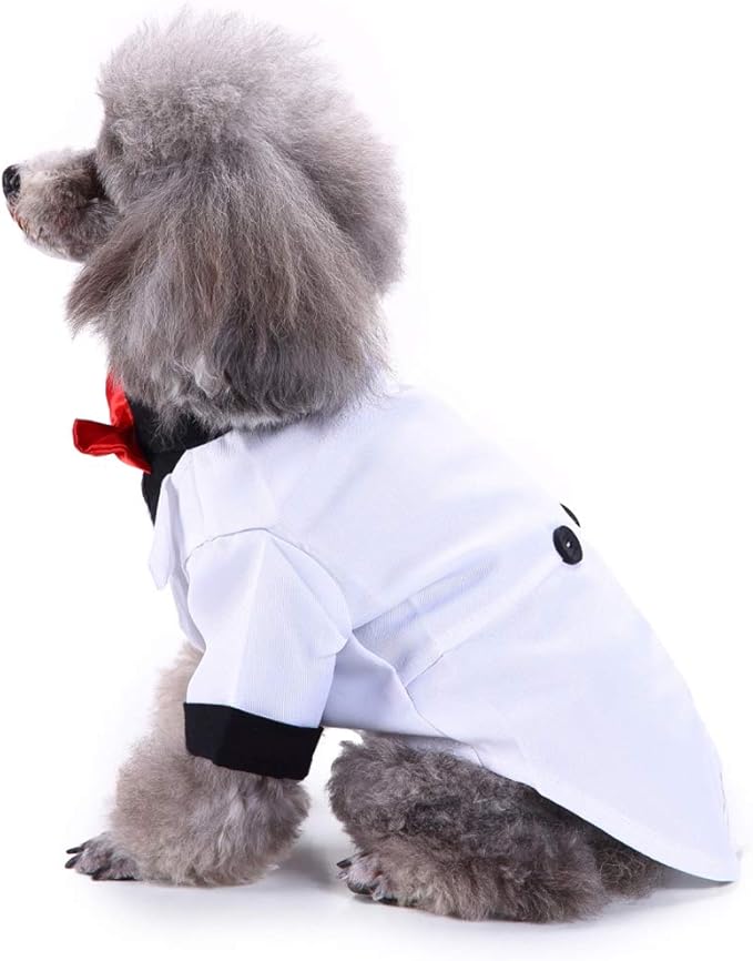 GabeFish Pets Wedding Jackets Suit for Dogs with Bow Tie Puppy Cat Formal Clothes Shirt Tuxedo (White, L (Chest 17.3in/44cm)