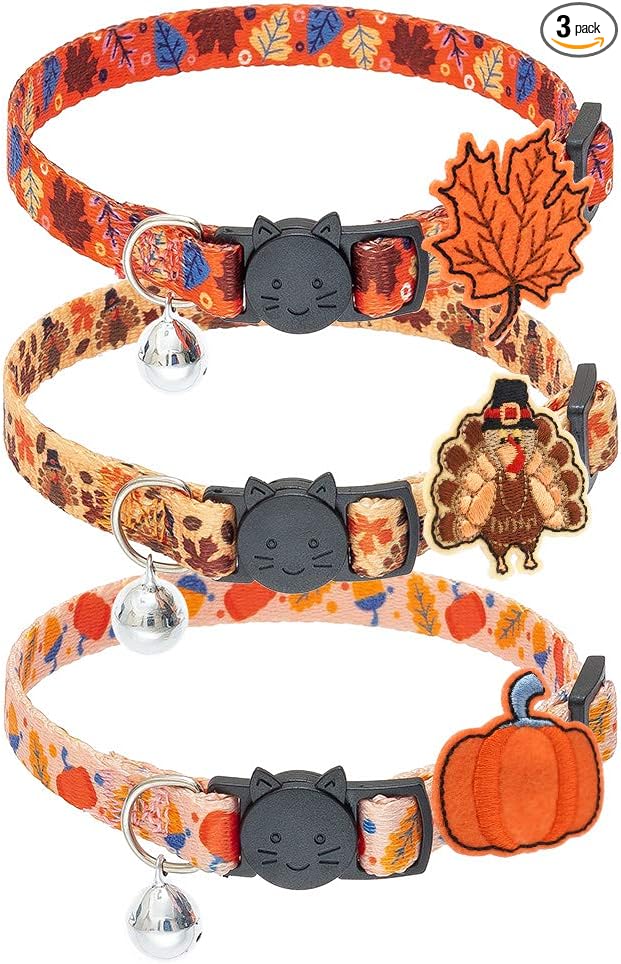PUPTECK Cat Collar Breakaway with Bells, Kitten Collar Outfit Adjustable for Girl Boy Small Pet Puppy Bunny, Cute Costume Accessory with Safety Release Buckle (Sticker-Thanksgiving)