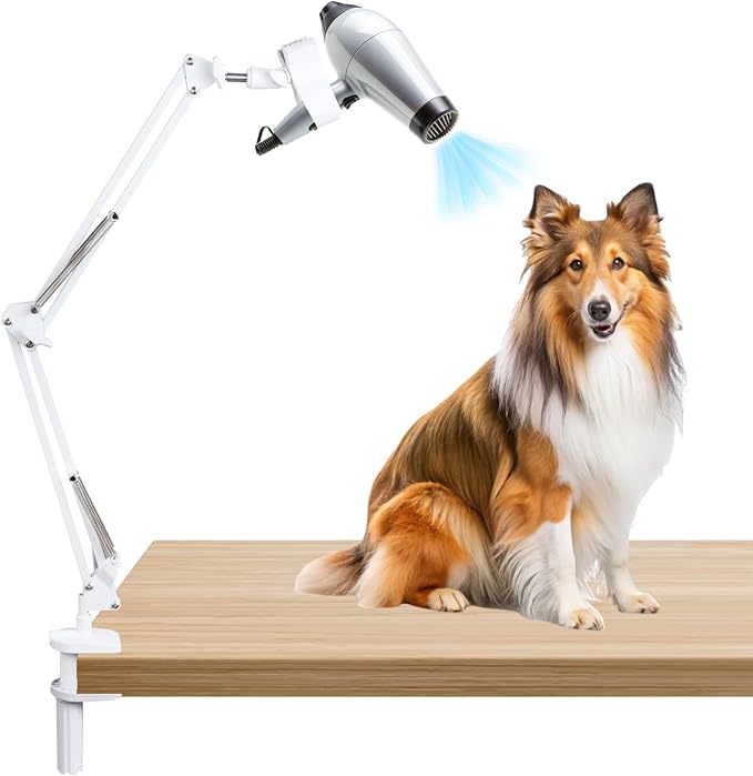 Dog Hair Dryer Holder,Blow Dryer Stand for Dog,Hands-Free 360° Rotating Pet Grooming Table Blow Dryer Stand with Adjustable Arm,Dog Tabletop Hair Dryer（White）