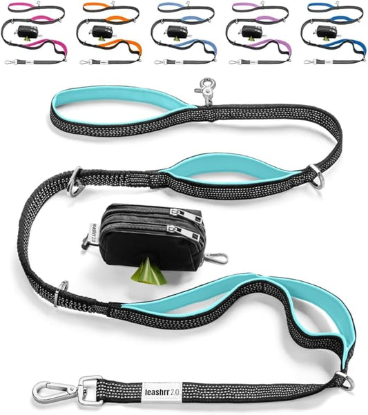 Dog Poop Bag Holder with Dispenser & Storage Pouch - Includes Adjustable Reflective Dog Leash (6FT Bungee, Padded Handles) - Durable Leash for Walking, Training & Travel (Aqua)