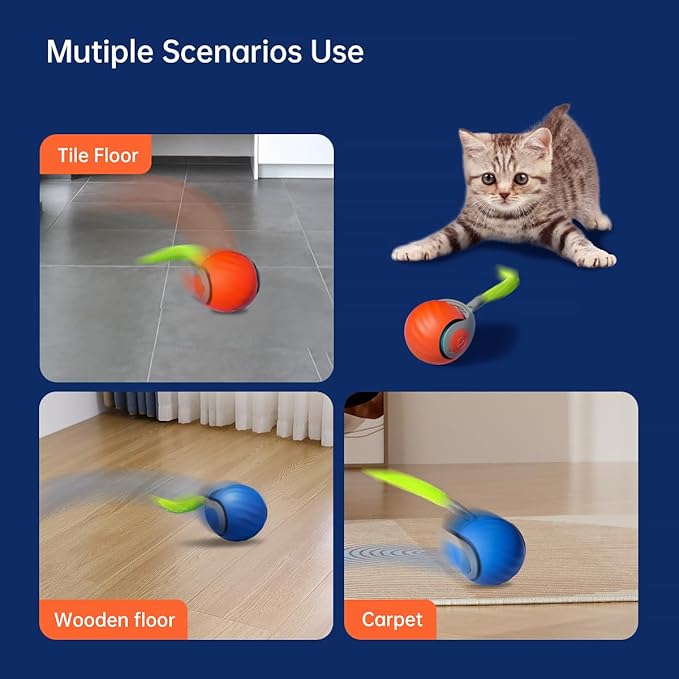 Kinizuxi Interactive Cat Toys for Indoor Cats, Rechargeable Moving Cat Ball with Feather Tail, 2 Speeds Automatic Kitten Toys for Bored Indoor Cats,Motion Activated Rolling Ball Toys (Orange)
