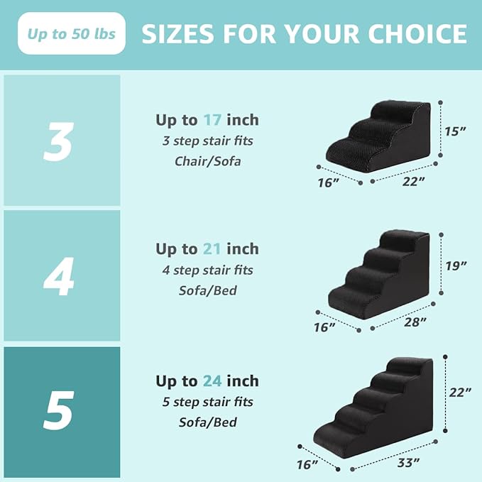 Oiilores Dog Stairs for Small Dogs 15" H, 3-Step Dog Steps Ramp for Couch Sofa and Chair with Anti-Slip Washable Cover and Durable High Density Foam, Pet Stairs for Cats, Black