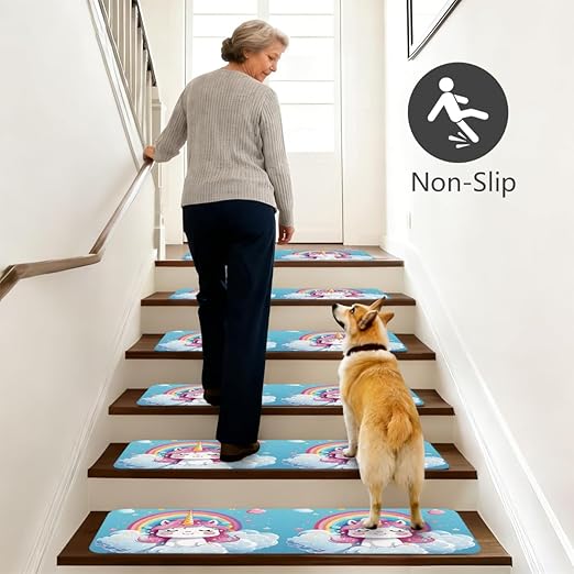 Animal Cartoon Unicorn Cute Stair Treads for Wooden Steps Indoor Washable Staircase Carpet 15PCS 30"x7.8" Stair Step Treads Non-Slip Staircase Covers Peel and Stick Safety Mat for Kids Elders Pets