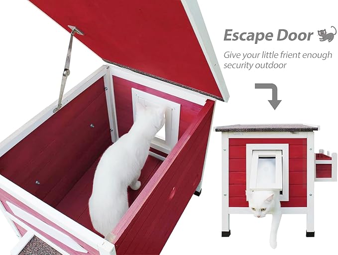 Rockever Outdoor Cat House, Large Outdoor Houses for Feral Cats Wooden Outside Cat Shelter Weatherproof with Escape Door-Red