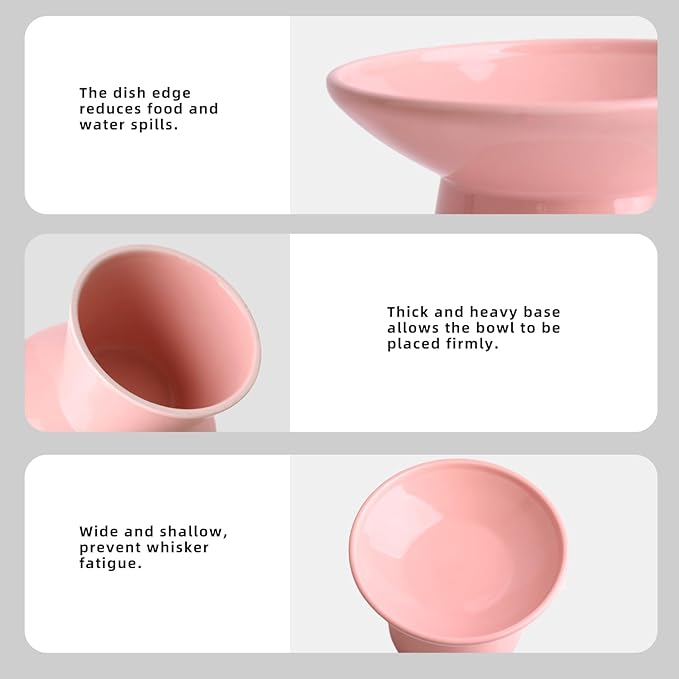 6.2 Inch Extra Wide Elevated Ceramic Cat Bowls, Food and Water Bowl Set for Elder Big Cats Small Dogs, Raised Design for Pet Easy Eating, Protect Cat's Spine Set of 1(Pink)