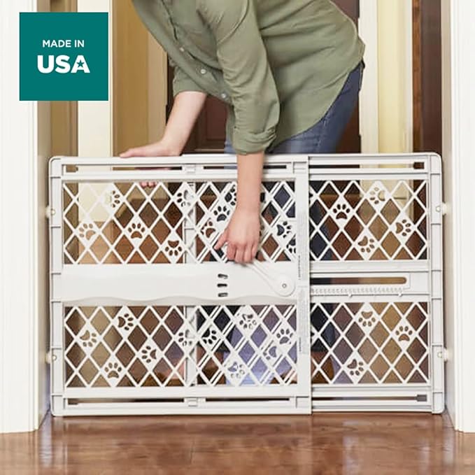 MYPET North States Paws Portable Pet Gate: 26-40" Wide. Pressure Mount. No Tools Needed. Made in USA. Dog Gate 23" Tall, Expandable, Durable Dog Gates for Doorways, Light Gray