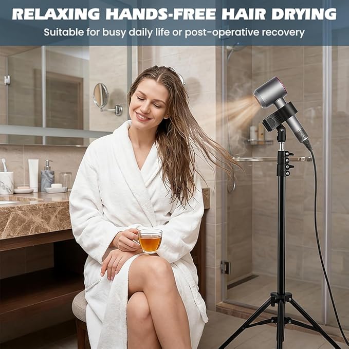 Hands Free Hair Dryer Stand, 20-63 inch Height Adjustable Blow Dryer Holder with Tripod and Universal Clip can 180-Degree Rotation for Bathroom Makeup Room Bedroom Vanity Salon (COLOR:Black)