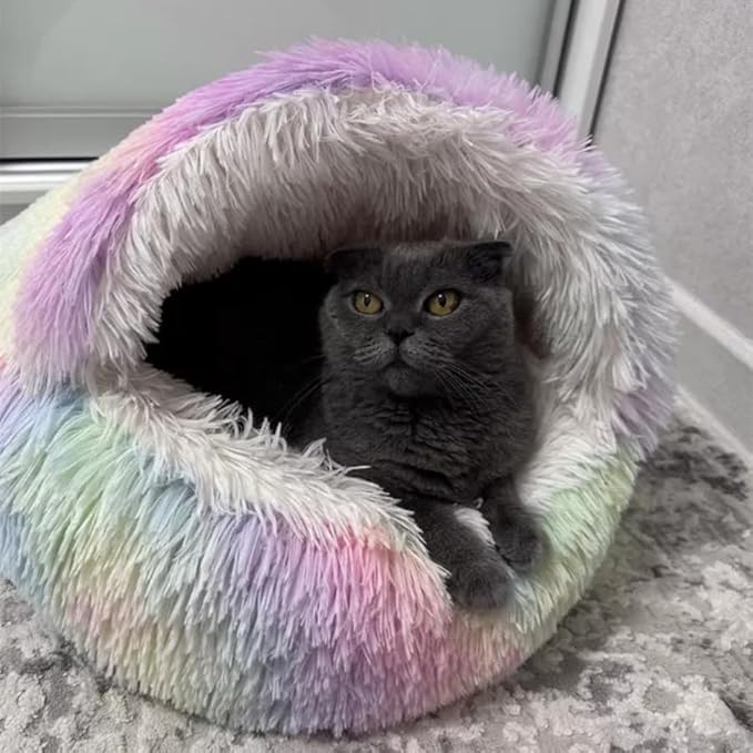 Cat Bed Round Fluffy Hooded Cat Bed Cave, Anti-Anxiety Cave Bed with Hooded Blanket, Cozy Cuddler Luxury Puppy Pet Bed, Anti-Slip Bottom and Machine Washable