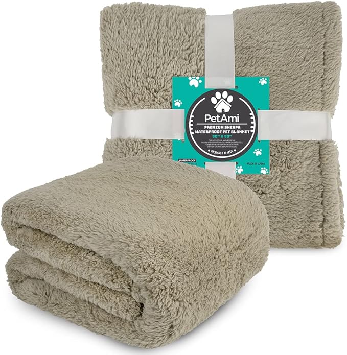 PetAmi Fluffy Waterproof Dog Blanket for Couch and Bed, Reversible Sherpa Pet Throw, Pee Proof Furniture Protector Sofa Cover, Washable Cat Blanket for Medium Large Dogs and Cats (Taupe Camel, 90x90)