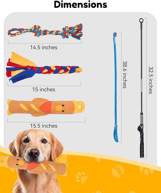 BurgeonNest Flirt Pole for Dogs, Interactive Dog Toy for Medium Small Dogs, with Replaceable Yellow Duck Toy & 2 Rope Toys, Dog Exercise Pole for Outdoor Training & Chase