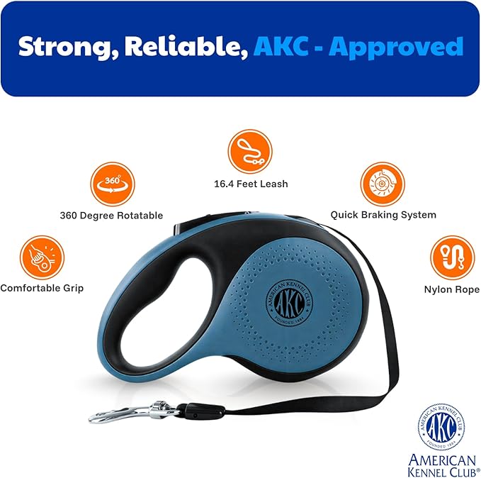 American Kennel Club Heavy Duty Retractable Dog Leash, 16.4ft, Tangle-Free, Ergonomic Grip, One-Hand Brake, for Medium & Large Dogs up to 110 lbs Gray