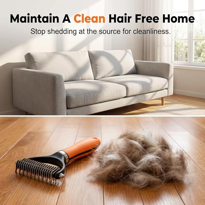 Pet Grooming Rake, Double Sided Deshedding Brush for Dogs & Cats, Undercoat Rake for Shedding, Dematting Comb for Long Haired Pets (Orange-1pc)