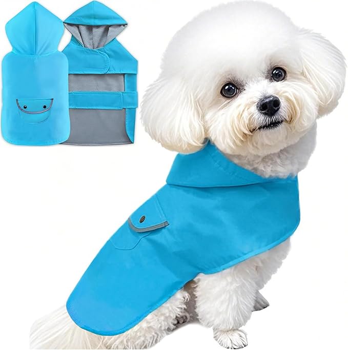 Dog Raincoat Small Dogs Rain Jacket for Puppy Reflective Waterproof Pet Clothes Poncho Rainwear Breathable Lined Pocket Hooded Leash Hole Adjustable Puppy,Blue,XS,Back Length 6.7 Inch