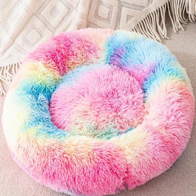 Fluffy Donut Dog Bed for Puppies Cat Bed Plush Soft Faux Fur Non-Slip Bottom Indoor Cozy Comfortable Pet Bed Bunny Pillow Dog Piilow Small for 3KG