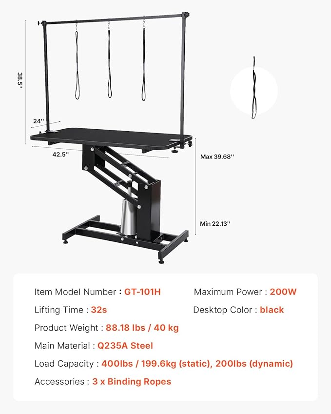 VEVOR Hydraulic Pet Grooming Table, 400LBS Static Load Capacity, 42.5 x 24 Inch Dog Grooming Station with Anti-Slip Tabletop and Dual Height Adjustable Arms with Clamps, for Medium and Small Dogs