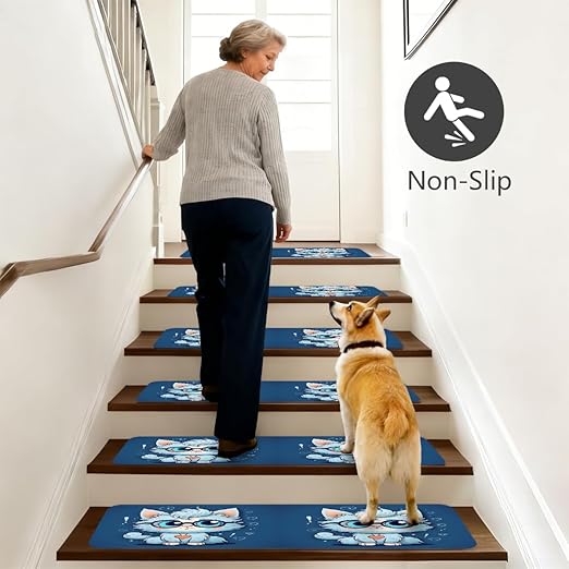 Animal Cartoon Cute Cat Stair Treads for Wooden Steps Indoor Washable Staircase Carpet 1PCS 30"x7.8" Stair Step Treads Non-Slip Staircase Covers Peel and Stick Safety Mat for Kids Elders Pets