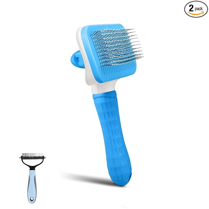 Dog & Cat Brush Kit 2PCS, Self Cleaning Slicker Brush for Pets, Dog Brush for Shedding Massaging and Grooming, Removes Loose Undercoat & Portable Comb for Long Short Haired Dogs