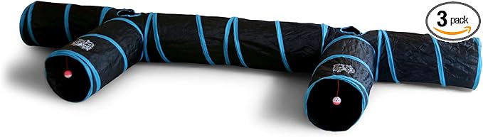 Feline Ruff Premium 3 Way Cat Tunnel. Extra Large 12 Inch Diameter and Extra Long. A Big Collapsible Play Toy. Wide Pet Tunnel Tube for Other Pets Too! (3 Way Two Pack + Teaser Wand!)