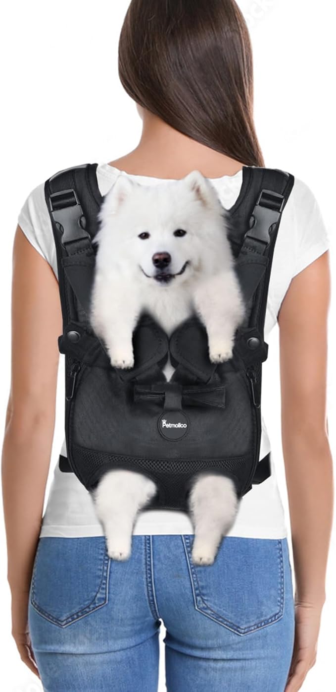 Petmolico Dog Carrier Backpack, Adjustbale Dog Front Backpack Legs Out Puppy Backpack for Small Medium Dogs Travelling Hiking Shopping, Black Medium