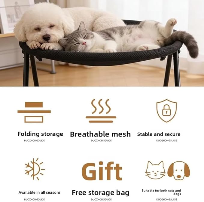 Cat Hammock, Foldable Elevated Cat Bed with Metal Frame, Raised Cats Lounge Chair, Breathable Non-Slip Fabric, Easy Maintenance, Indoor Outdoor Pet Couch for Cats Dogs Kittens (White+Black)