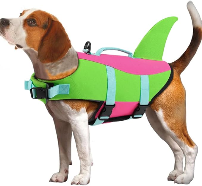 EMUST Shark Dog Life Jacket, High-Buoyancy Small Pet Flotation Vest for Swimming Pool Beach Boating (S, Green)