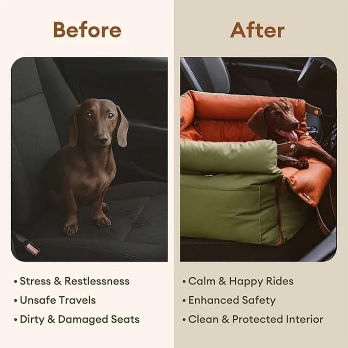 FUNNYFUZZY Luxury Dog Car Seat for Small Medium Dogs Under 35 lbs, Waterproof Leather Pet Booster Seat with Safety Leash & Anti-Slip Base, Fully Padded Dog Car Bed, Portable Puppy Carrier(Green)