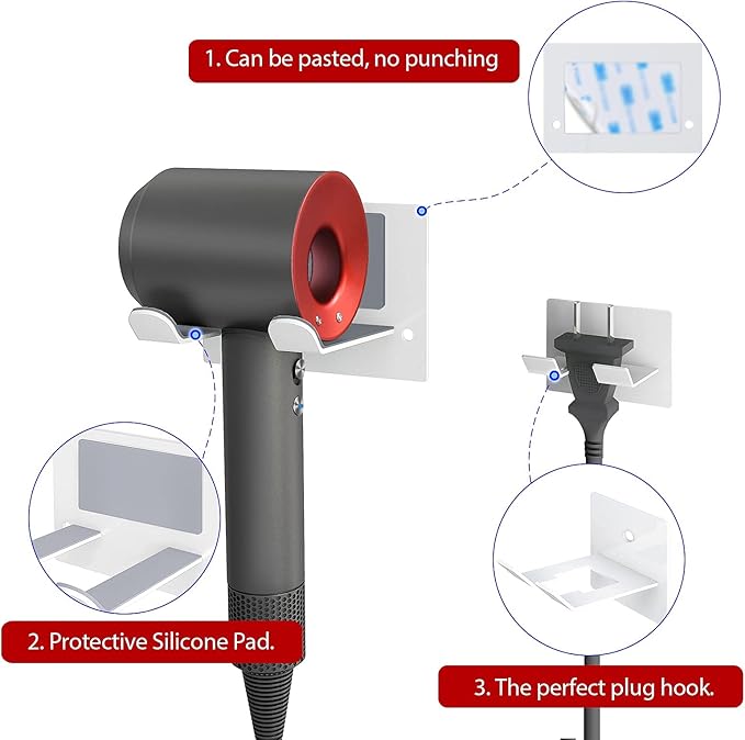 XIGOO Self Adhesive Hair Dryer Holder Wall Mounted - Adhesive Bathroom Hair Blow Dryer Rack Organizer Compatible with Supersonic Hair Dryers (White)