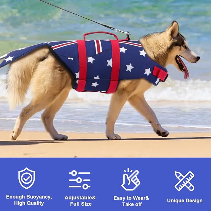 EMUST Dog Life Jacket Mermaid, Ripstop Dog Life Vests with Rescue Handle for Small Medium and Large Dogs, Pet Safety Swimsuit Preserver for Swimming Pool Beach Boating, (XS,FlagMermaid)