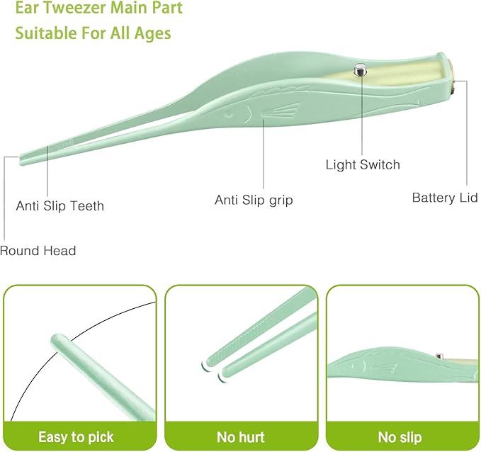 4 Pack Ear Wax Removal Tool Kit with Light, Ear Pick Ear Cleaning Tools Set for Kids and Adults, Ear Picks Digger & Tweezers & Spiral Spring Ear Spoon with Storage Box (Green)