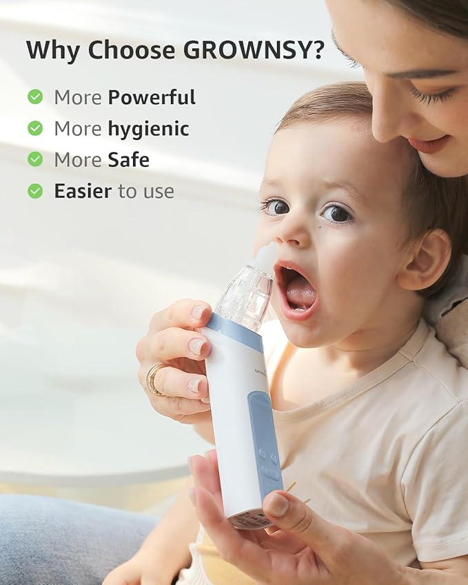 GROWNSY Nasal Aspirator for Baby, Electric Nose Aspirator for Toddler, Baby Nose Sucker, Automatic Nose Cleaner with 3 Silicone Tips, Adjustable Suction Level, Music and Light Soothing Function, Blue
