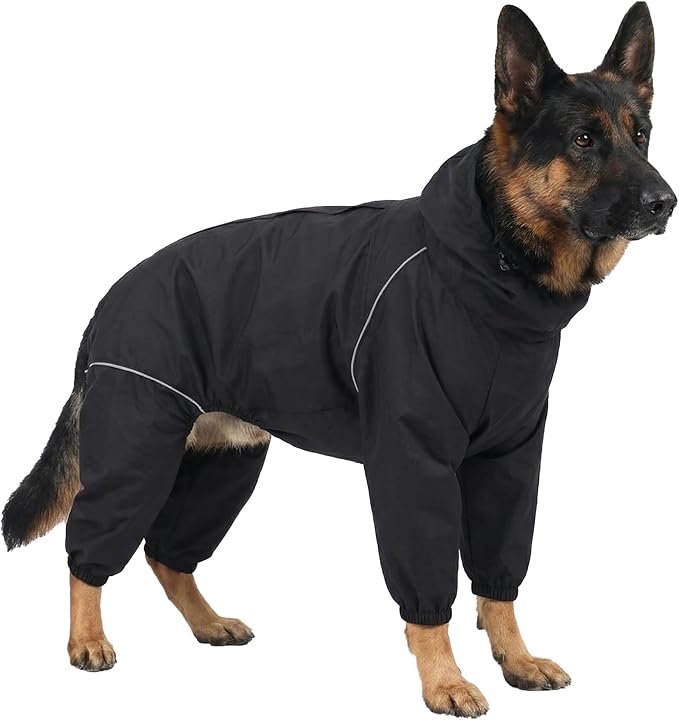 Dog Raincoat for Medium Large Dogs,rain Jacket Coat, Full Leg Coverage Waterproof Rain Suit with Detachable Hood & Tail, Reflective Strips, Snag-Free Top Zipper (Black for Girl, XXX-Large)