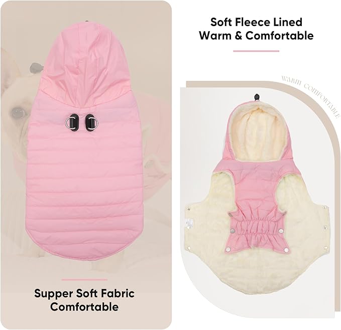 Vecomfy Fleece Lining Dog Hoodie with Harness Built in,Extra Warm Small Dog Jacket in Winter Puppy Coats with Drawstring Hooded,Light Pink S