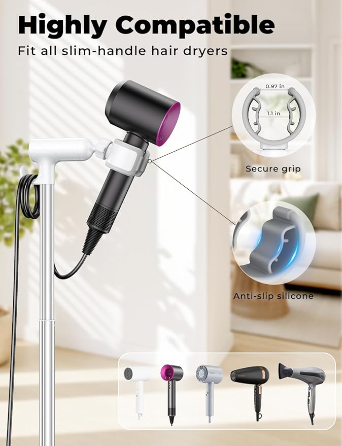Hands-Free Hair Dryer Stand for Blow Dryers Hairdryer Holder for Families & Pet Grooming Bathroom Use Hair Dryer Holder with Anti-Slip Stable Base, Adjustable Height 16.7 - 50 Inch