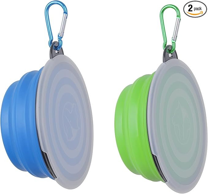 Collapsible Dog Bowl,2 Pack Portable and Foldable Pet Travel Bowls Collapsable Dog Water Feeding Bowls Dish for Dogs Cats and Small Animals,with Lids (Small, Blue+Green)
