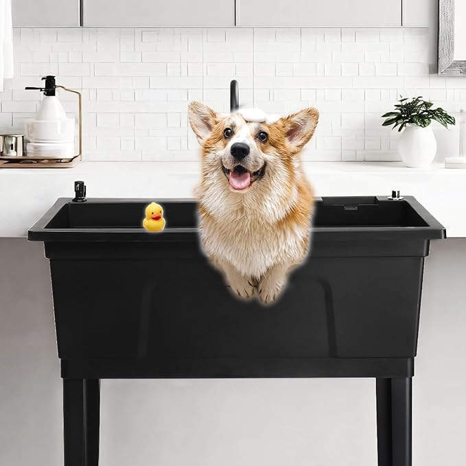 Bonnlo 37-Gallon Freestanding Utility Sink with Faucet, 36" Heightened Basin for Laundry, Garage, Outdoor Garden, Pet Wash, Heavy Duty Plastic Laundry Tub with Storage Shelf, 40"L×24"W×36"H (Black)