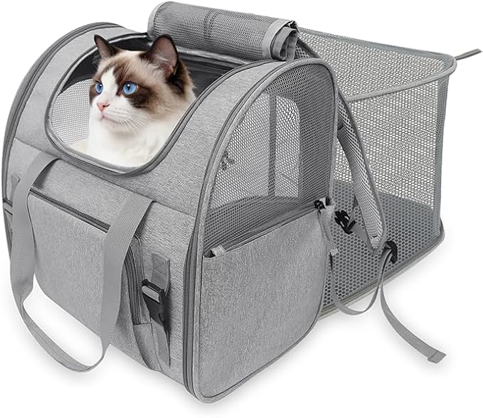 XIAPIA Cat Backpack Carrier, Expandable Large Pet Carrier Backpack Bag for Cats & Small Dogs Up to 20lbs, Foldable with Breathable Mesh for Hiking & Air Travel (16.5"x14.9"x9.8", Grey)