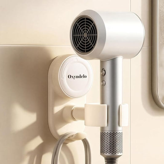 Hair Dryer Holder Wall Mounted Suction Cup Blow Dryer Stand with Cord Organizer Compatible with All Dryer 360°Adjustable No Drill Installation Hair Dryer Stand for Bathroom, Bedroom (Cream White)
