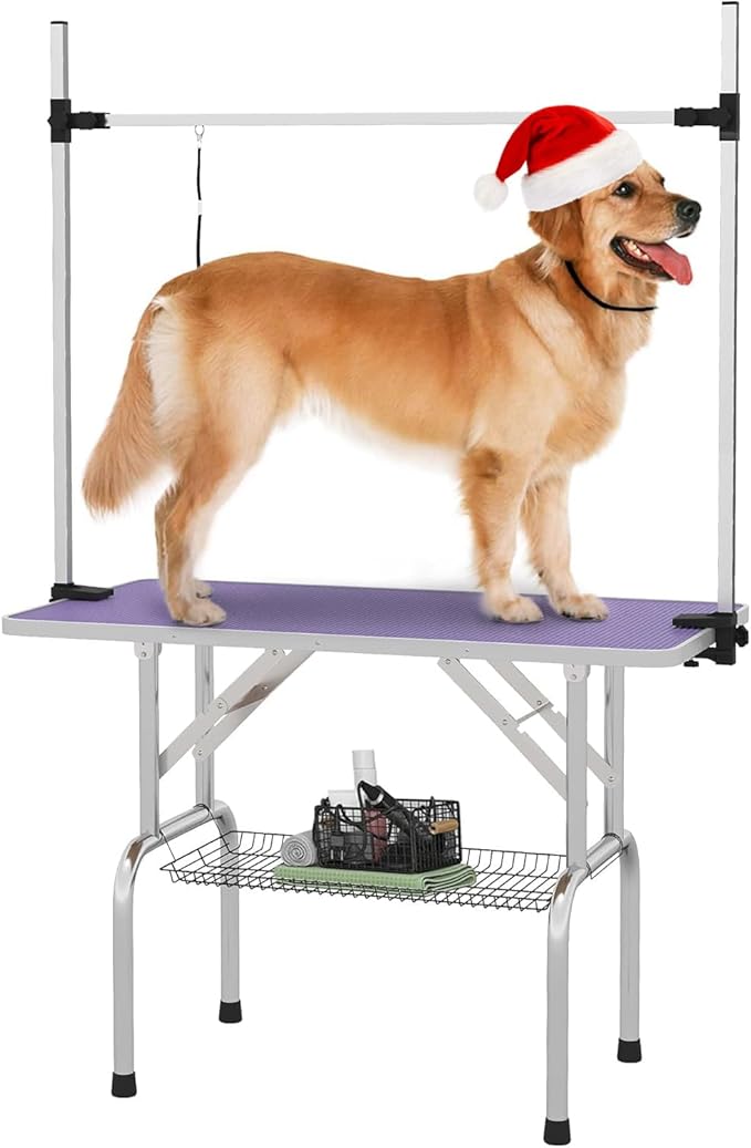 Pet Dog Grooming Table, Foldable Stainless Steel Pet Drying Grooming Table Up to 330lbs, Professional Bathing Desk for Dogs at Home with Adjustable Overhead Arms, Noose, Mesh Tray, 46''/Purple