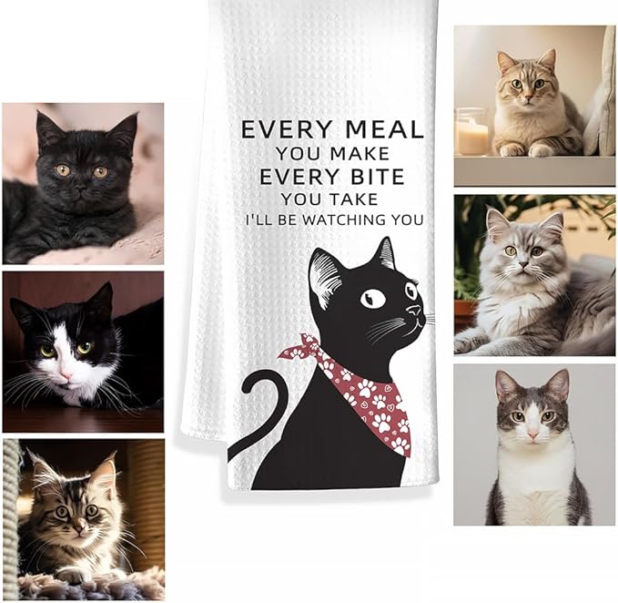 Cat Kitchen Towels - Quick-Dry 'Culinary Watchdog' Cat Hand Towels Observant Black Feline Art, Decorative Dish Towel for Amused Pet Moms | Whimsical Home Accent & Humorous Dining Companion Gift