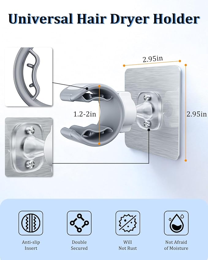 Universal Hair Dryer Holder Wall Mounted, Ultra-Secure Hair Dryer Hanger with Adhesive & Screw Mounting, Angle-Adjustable Blow Dryer Holder for Vanity, Bathroom, Salon-Fixed Type(1 Pack)