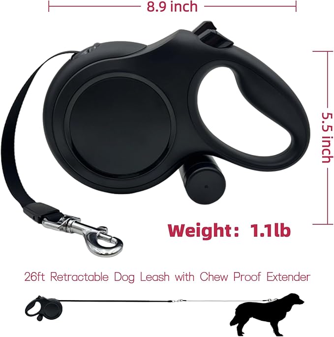 26ft Retractable Dog Leash for Large Dogs with Poop Bag Holder,Heavy Duty Retractable Dog Leash with Chew Proof Extender,One-Hand Lock System,Impact-Resistant,Up to 110 lbs (Black)