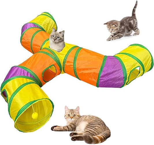 3-Way Cat Tunnels for Indoor Cats with Peek Hole, Large Foldable Rainbow Pet Tube Toy with Hanging Ball, Fun Interactive Toys for Kittens, Rabbits, Small Dogs