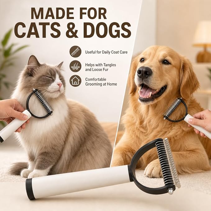 Double Sided Dematting Comb for Cats & Dogs, Gentle Matt Remover Detangler for Tangles, Knots and Loose Fur, Ergonomic Grooming Brush for Long Thick Haired Pets