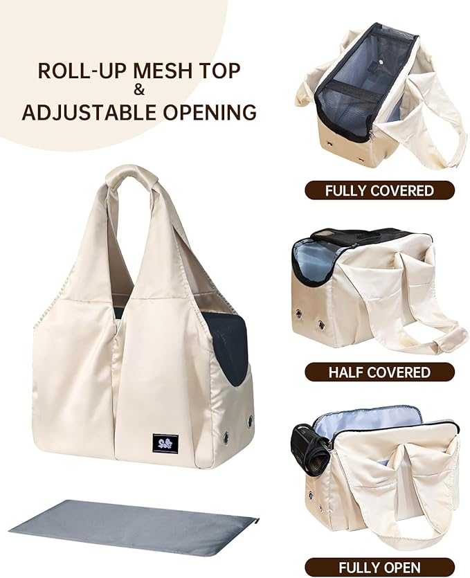 Dog Purse Carrier for Small Dogs Cats & Puppies, Soft-Sided Collapsible Pet Bag with 4 Large Pockets & Support Cushion, Breathable Lightweight Travel Carrier Fits Pets up to 13 lbs, Beige