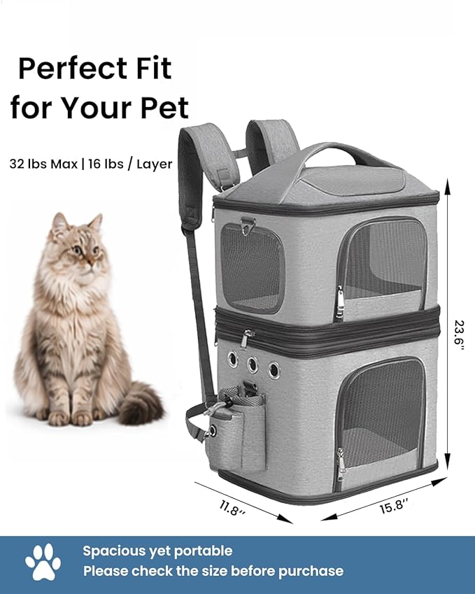 HOVONO Detachable Double Pet Carrier Backpack for Cats and Small Dogs, Cat Travel Carrier for 2 Cats(Up to 16 lbs Each), Perfect for Traveling/Hiking/Camping, Grey