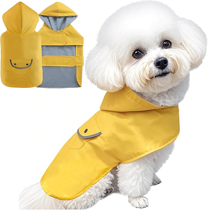 Dog Raincoat Dogs Rain Jacket Reflective Waterproof Pet Clothes Lined Poncho Rainwear Pocket Hooded Leash Hole Adjustable for Small Medium Dogs Puppy,Yellow,XXL,Back Length 16.9 Inch