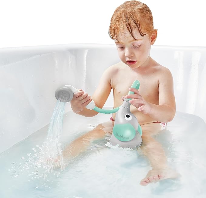 Yookidoo Baby Bath Shower Head – Elephant Water Pump with Trunk Spout Sprayer & Rinser, Dual Knob Flow Control, Bath Time Essential for Newborns, Tub or Sink (Turquiose)