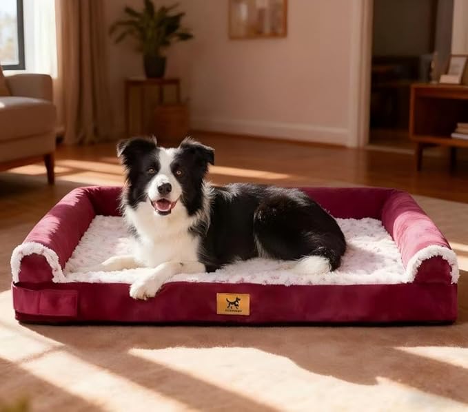 XXL Orthopedic Dog Bed - Breathable Egg-Crate Foam Sofa Couch with Bolster, Water-Resistant Liner & Washable Rose Velvet - Ideal for German Shepherds, Boxers, Rose Pink, (48'' x 30'')